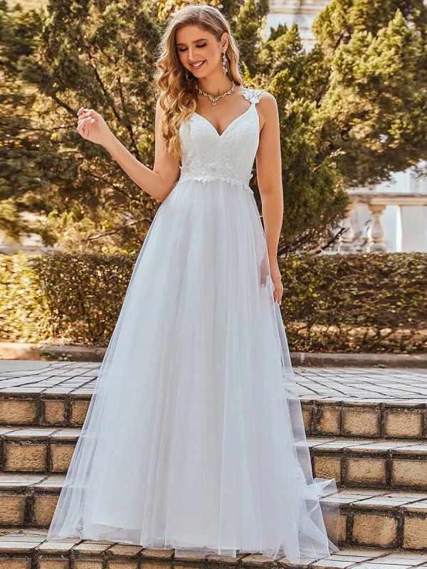 Custom Size Elegant V Neck Lace A-Line Backless Tulle Wedding Dress sold by Ever Pretty