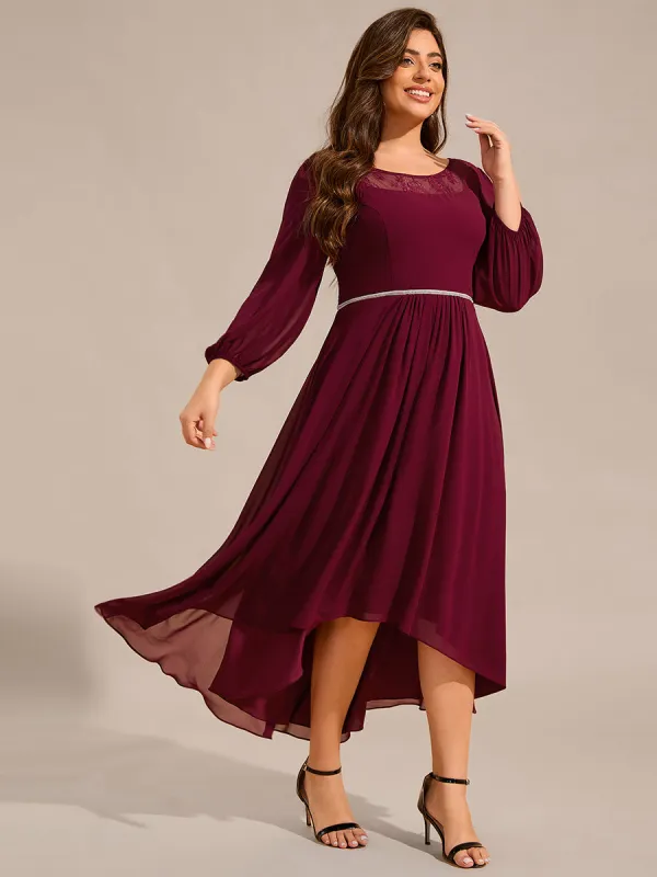pretty AMYRA|Plus Size Lace Round Neck Long Sleeve Chiffon Midi Wedding Guest Dress sold by Ever Pretty