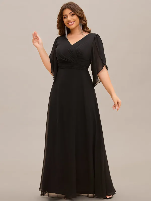 Lena | Plus Size Elegant Pleated Half Sleeve A-Line Maxi Mother of the Bride Dress sold by Ever Pretty