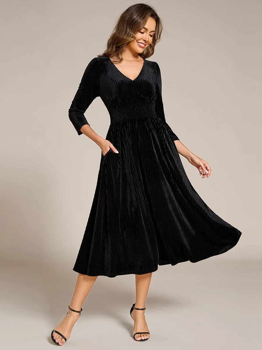 ever ARLET|Long Sleeve High Stretch Velvet Tea Length Wedding Guest Dress sold by Ever Pretty