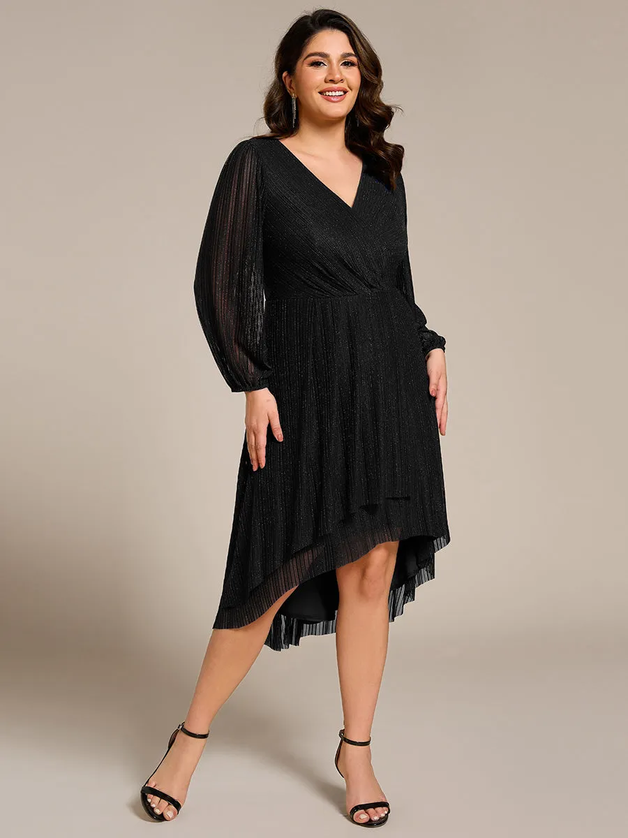 pretty BRISTOL|Plus Size Pleated Long Sleeve V-Neck Midi Glitter Wedding Guest Dress sold by Ever Pretty product image thumbnail 4