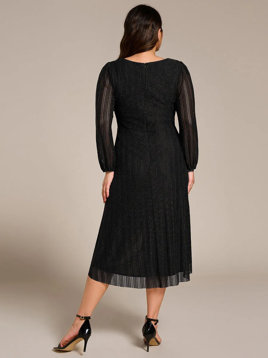 pretty BRISTOL|Plus Size Pleated Long Sleeve V-Neck Midi Glitter Wedding Guest Dress sold by Ever Pretty product image thumbnail 2