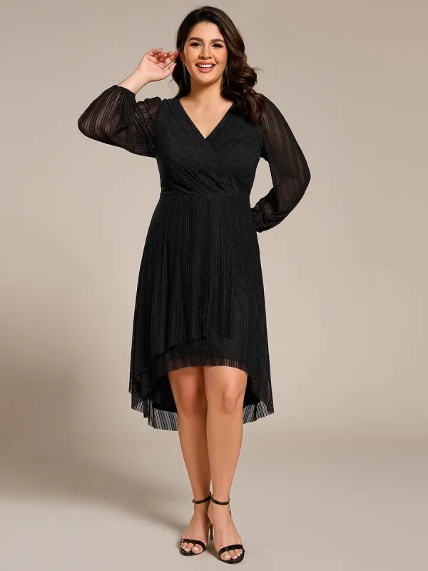 pretty BRISTOL|Plus Size Pleated Long Sleeve V-Neck Midi Glitter Wedding Guest Dress sold by Ever Pretty