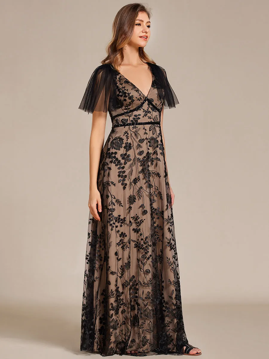 Embroidered Mesh Flutter Sleeve V-Neck Formal Evening Maxi Dress sold by Ever Pretty product image thumbnail 5