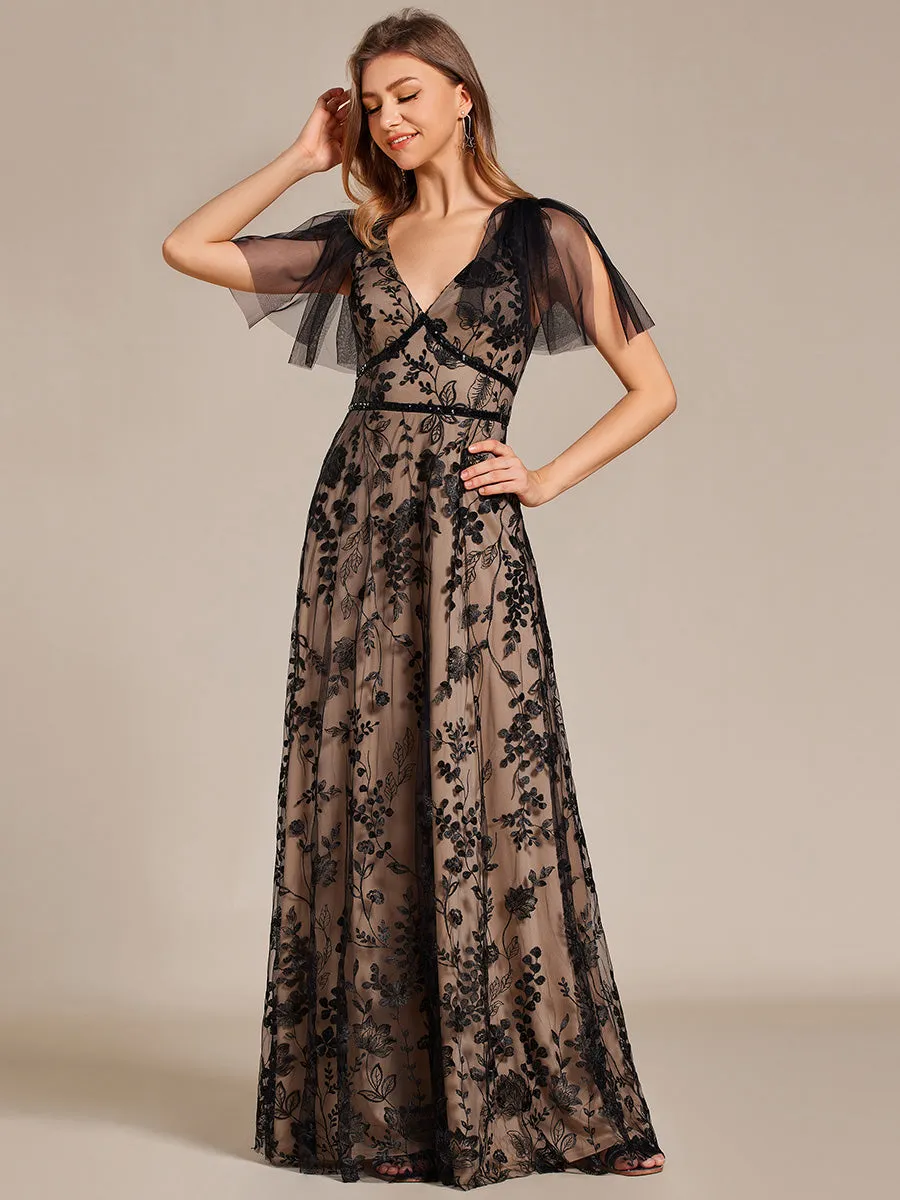 Embroidered Mesh Flutter Sleeve V-Neck Formal Evening Maxi Dress sold by Ever Pretty