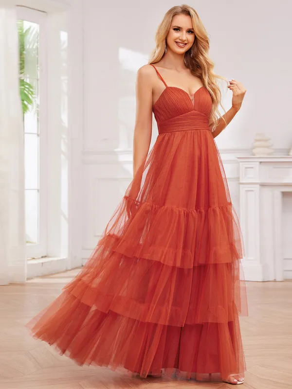 V Neck Tiered Tulle Spaghetti Strap Bridesmaid Dress sold by Ever Pretty