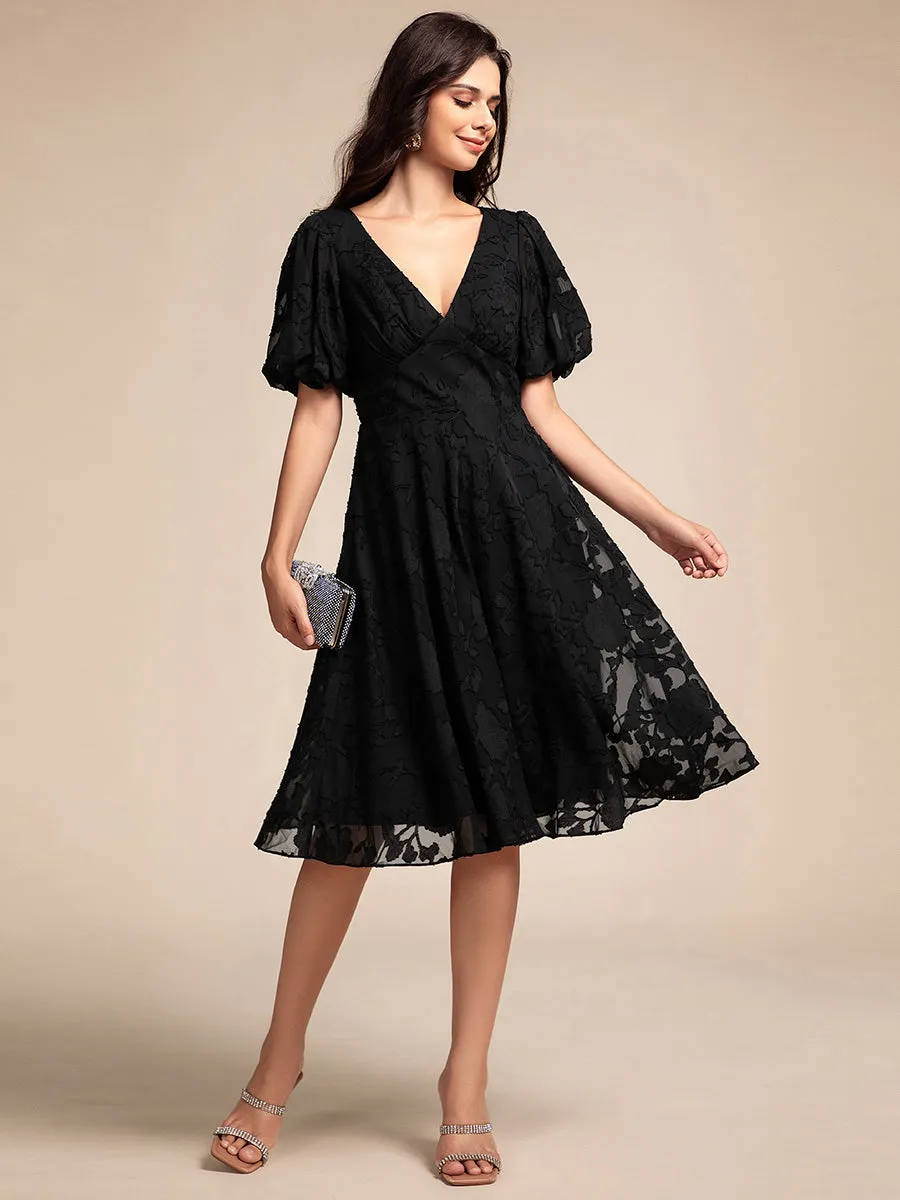 ever DANI|Puff Sleeve V-Neck Midi Wedding Guest Dress sold by Ever Pretty
