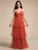 Tiered Spaghetti Strap Tulle Maxi Bridesmaid Dress sold by Ever Pretty