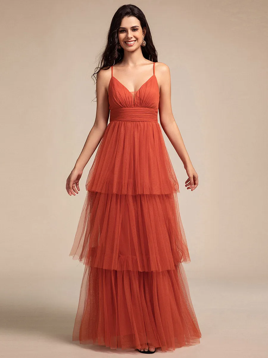 Tiered Spaghetti Strap Tulle Maxi Bridesmaid Dress sold by Ever Pretty