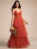 Tiered Spaghetti Strap Tulle Maxi Bridesmaid Dress sold by Ever Pretty
