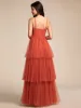 Tiered Spaghetti Strap Tulle Maxi Bridesmaid Dress sold by Ever Pretty