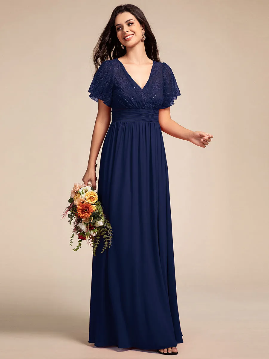 ever ROBYN|Flutter Sleeve Pleated Lace Bodice V-Neck Maxi Bridesmaid Dress sold by Ever Pretty product image thumbnail 4