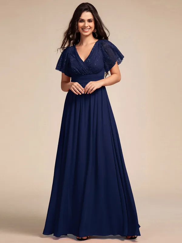 ever ROBYN|Flutter Sleeve Pleated Lace Bodice V-Neck Maxi Bridesmaid Dress sold by Ever Pretty