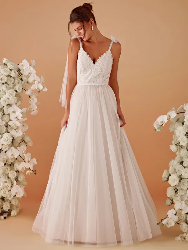 TAHIRA'S BRIDE|Romantic Lace and Tulle Tie-Shoulder Wedding Dress sold by Ever Pretty