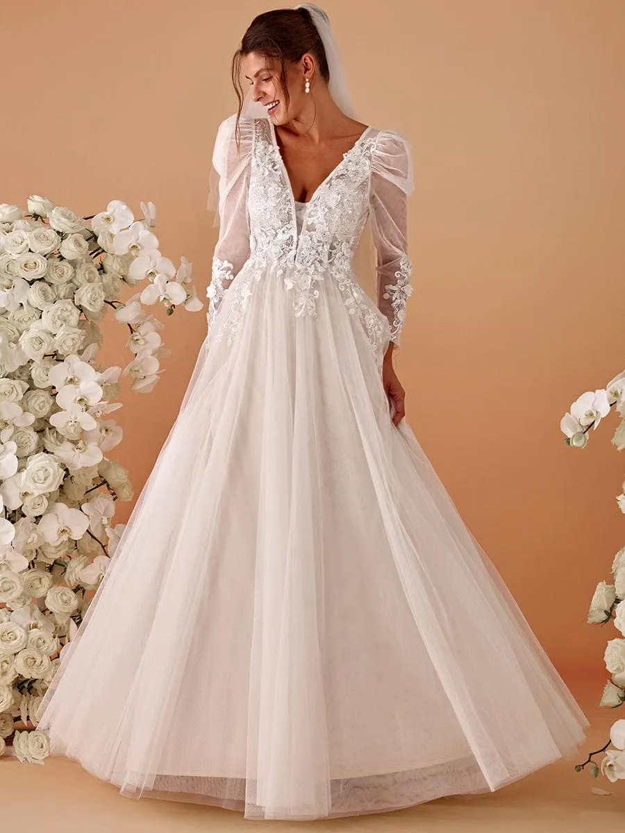 GENOVA’S BRIDE|V Neck Leg of Mutton Sleeves Applique See-Through Wedding Dress sold by Ever Pretty