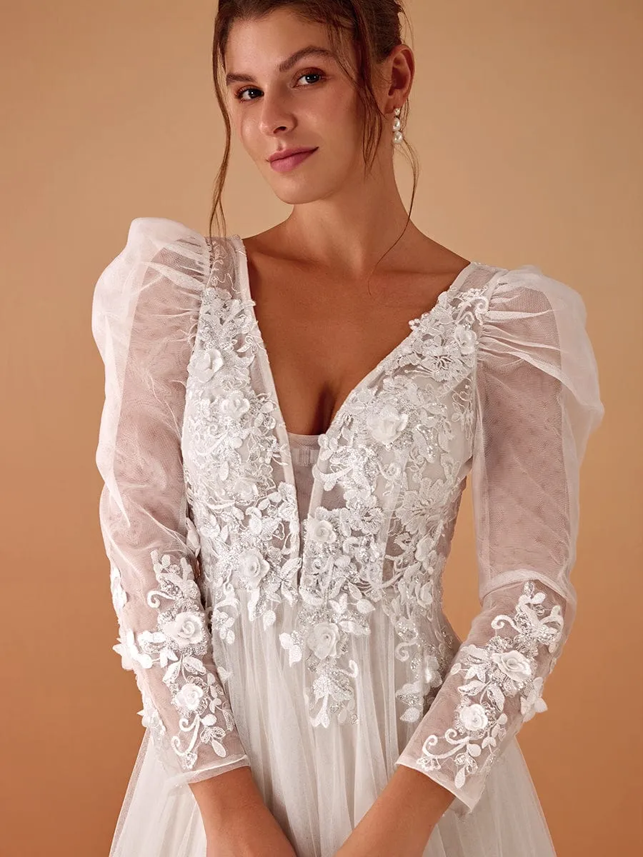 GENOVA’S BRIDE|V Neck Leg of Mutton Sleeves Applique See-Through Wedding Dress sold by Ever Pretty product image thumbnail 3