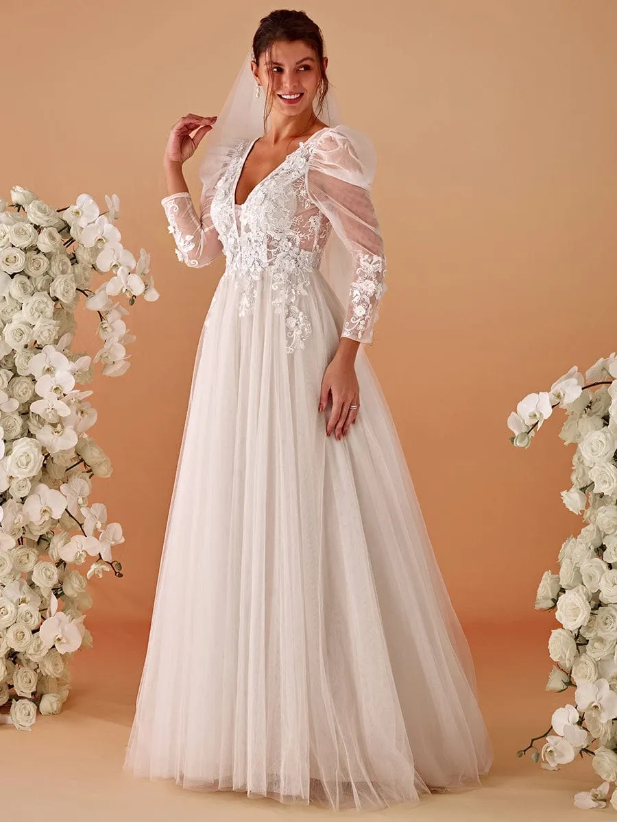 GENOVA’S BRIDE|V Neck Leg of Mutton Sleeves Applique See-Through Wedding Dress sold by Ever Pretty product image thumbnail 5