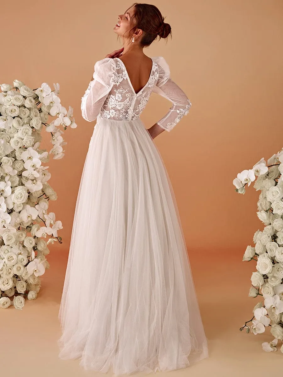 GENOVA’S BRIDE|V Neck Leg of Mutton Sleeves Applique See-Through Wedding Dress sold by Ever Pretty product image thumbnail 2