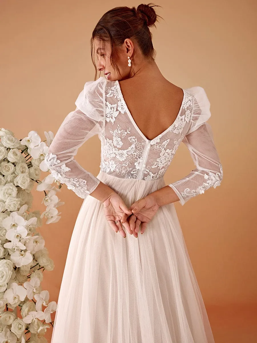 GENOVA’S BRIDE|V Neck Leg of Mutton Sleeves Applique See-Through Wedding Dress sold by Ever Pretty product image thumbnail 4