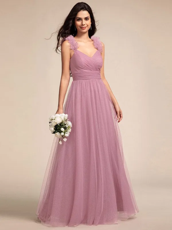 Embellished Shoulders Pleated Tulle Glitter Bridesmaid Dress sold by Ever Pretty