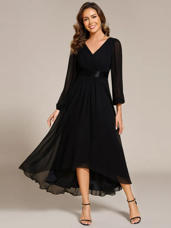 ever KEYLA|Long Sleeve A Line Chiffon Pleated Asymmetrical Hem Formal Dress sold by Ever Pretty