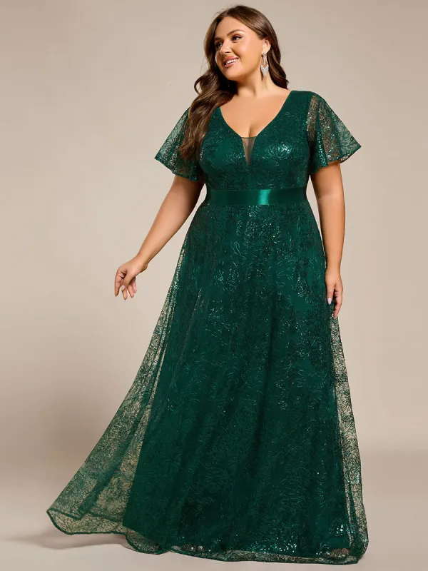 pretty CORY|Plus Size Illusion Sequin V-neck Short Sleeve Maxi Formal Dress sold by Ever Pretty