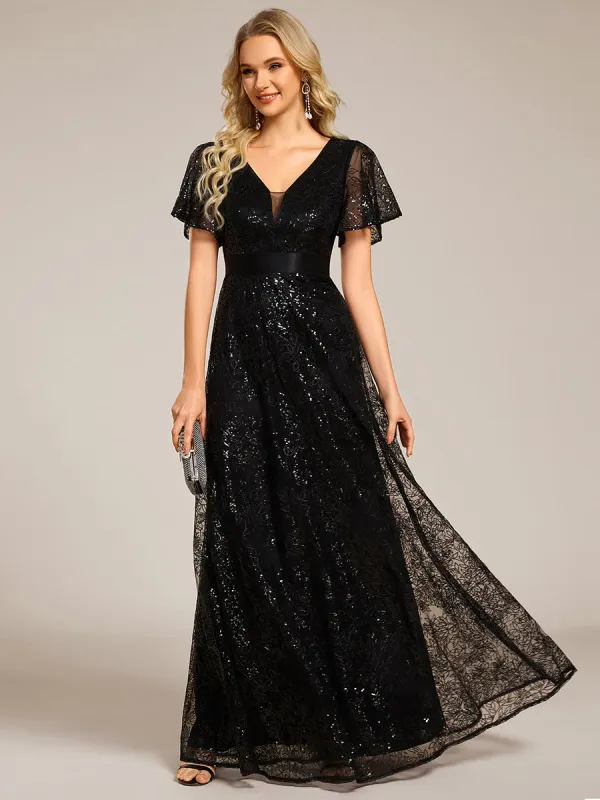 ever CORY|Illusion V-neck Short Sleeve Sequin Formal Maxi Dress sold by Ever Pretty