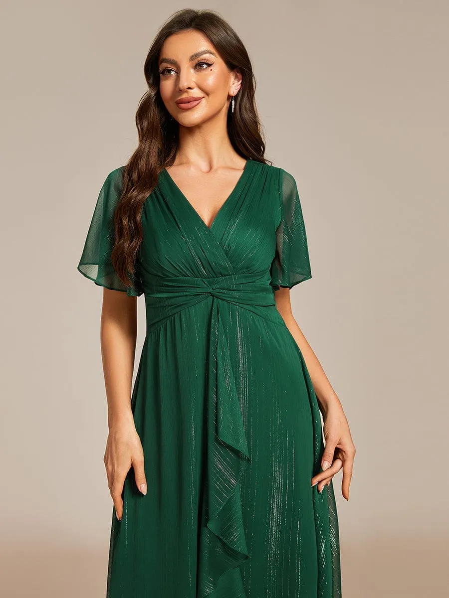 ever OPAHL|Silver Metallic Fabric V-Neck A-Line Evening Dress Featuring Delicate Ruffled Hem sold by Ever Pretty product image thumbnail 5