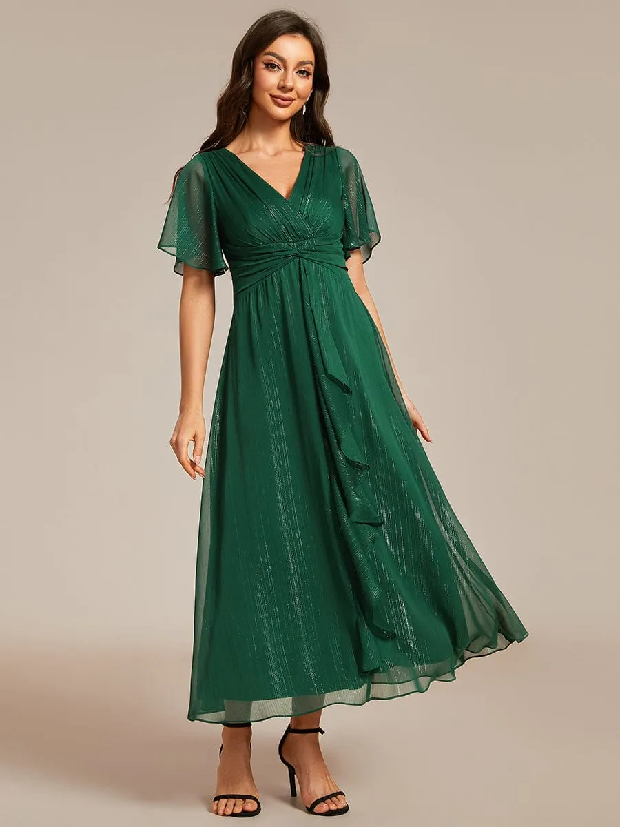 ever OPAHL|Silver Metallic Fabric V-Neck A-Line Evening Dress Featuring Delicate Ruffled Hem sold by Ever Pretty product image thumbnail 3