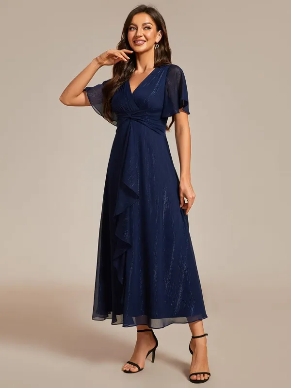 ever OPAHL|Silver Metallic Fabric V-Neck A-Line Evening Dress Featuring Delicate Ruffled Hem sold by Ever Pretty
