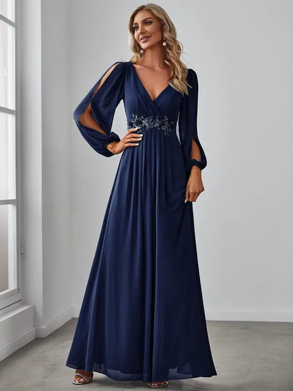 ever AMOUR|Elegant Chiffon V-Neckline Long Sleeve Wedding Guest Dress sold by Ever Pretty