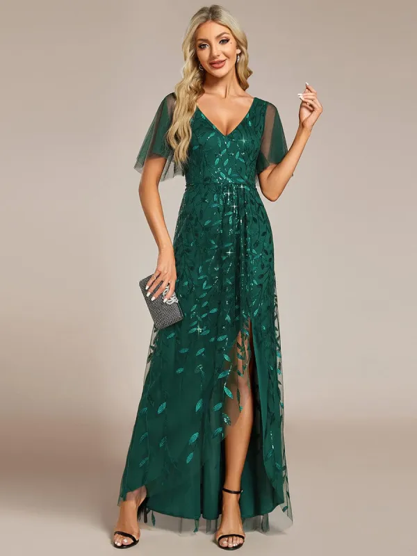ever ALIX|Short Sleeves Sequin High Low V-Neck Midi Formal Wedding Guest Dress sold by Ever Pretty