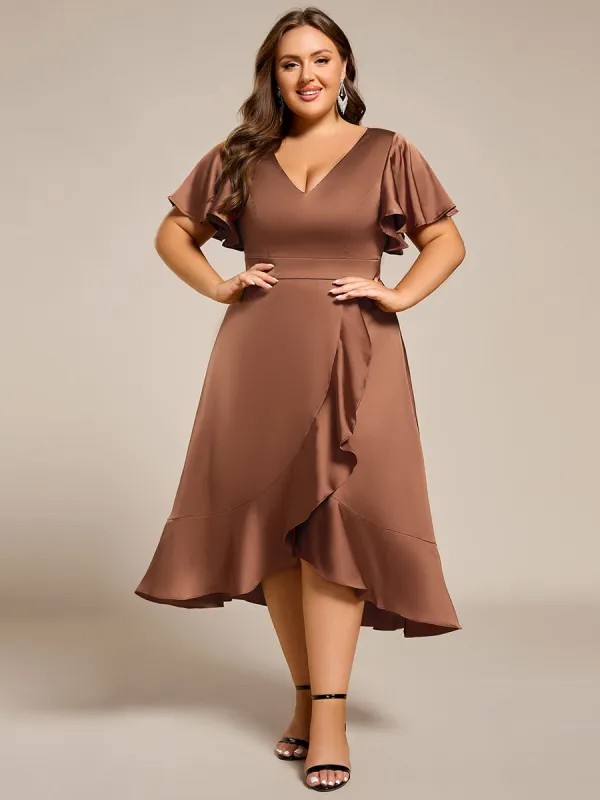 pretty SAIGE|Plus Size V-Neck Satin Midi Wedding Guest Dress with Ruffled Skirt sold by Ever Pretty