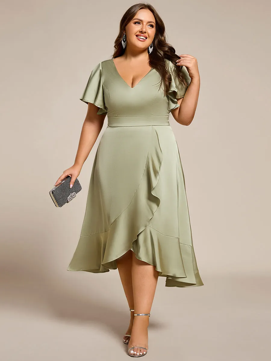 ever SAIGE|V-Neck Satin Midi Wedding Guest Dress with Ruffled Skirt sold by Ever Pretty product image thumbnail 4