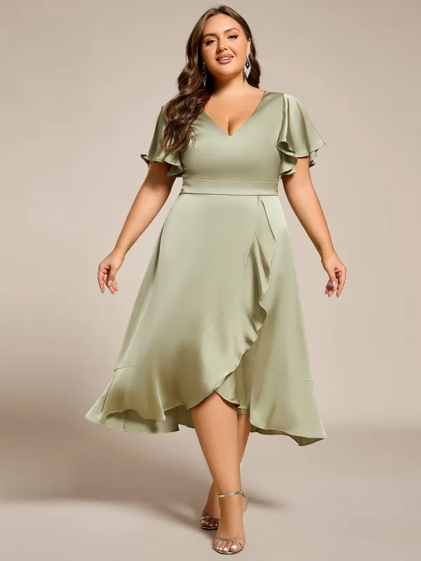 ever SAIGE|V-Neck Satin Midi Wedding Guest Dress with Ruffled Skirt sold by Ever Pretty