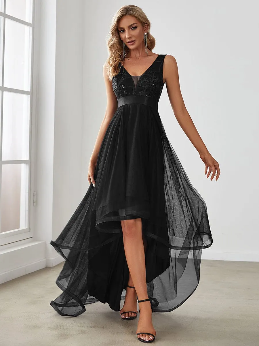 ever SASHIA|Fashion High-Low Deep V Neck Tulle Evening Dresses with Sequin Appliques sold by Ever Pretty