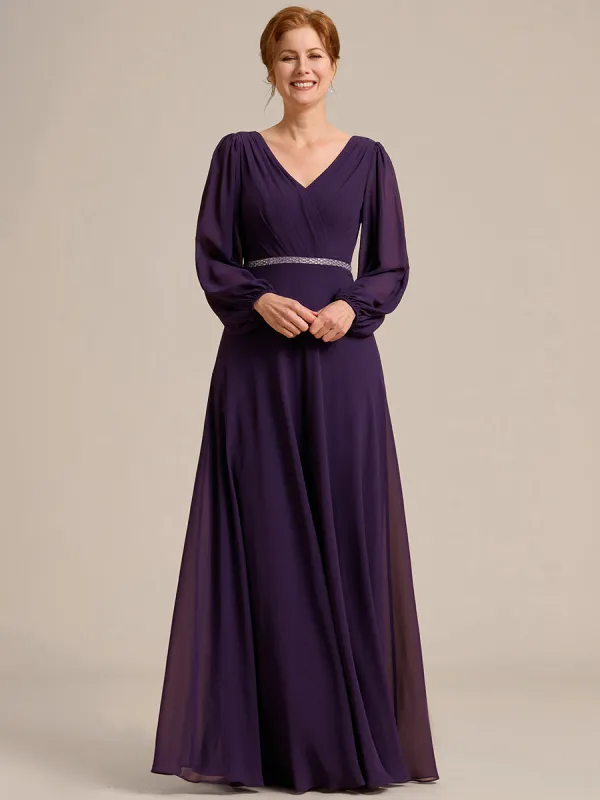 ever ESMÉE|V-Neck Long Sleeves Shiny Belt Chiffon Mother of the Bride Dress sold by Ever Pretty
