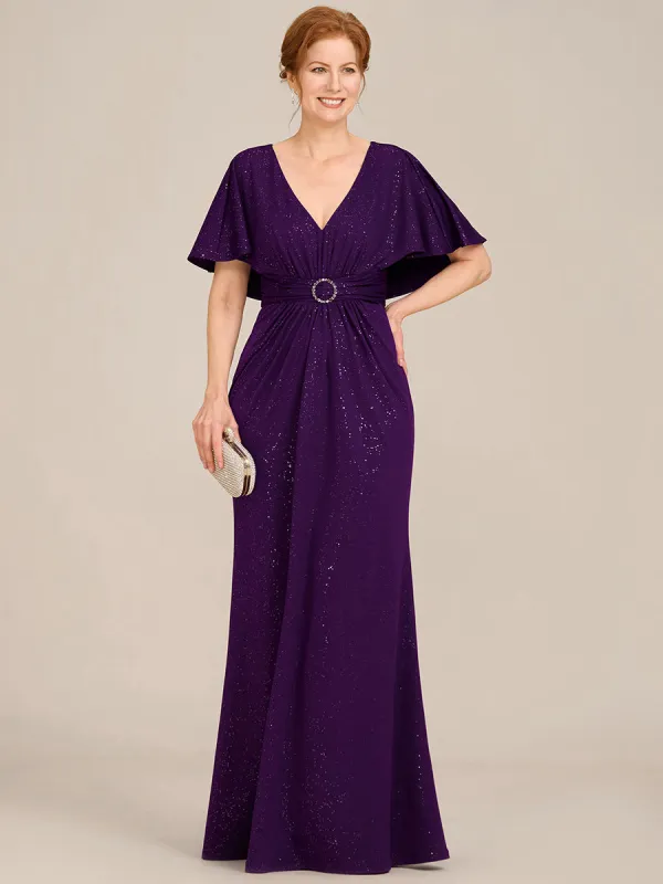 ever LUXE|Sparkling V Neck Ruffled Batwing Sleeve Mother of the Bride Dress sold by Ever Pretty