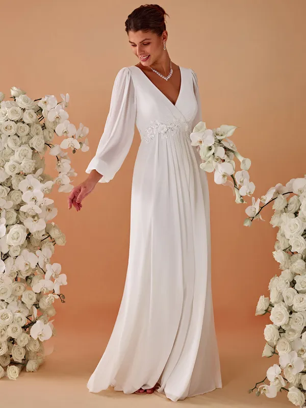 ever AMOUR|V-Neck Long Split Sleeve Empire Waist Applique Wedding Dress made by Ever Pretty