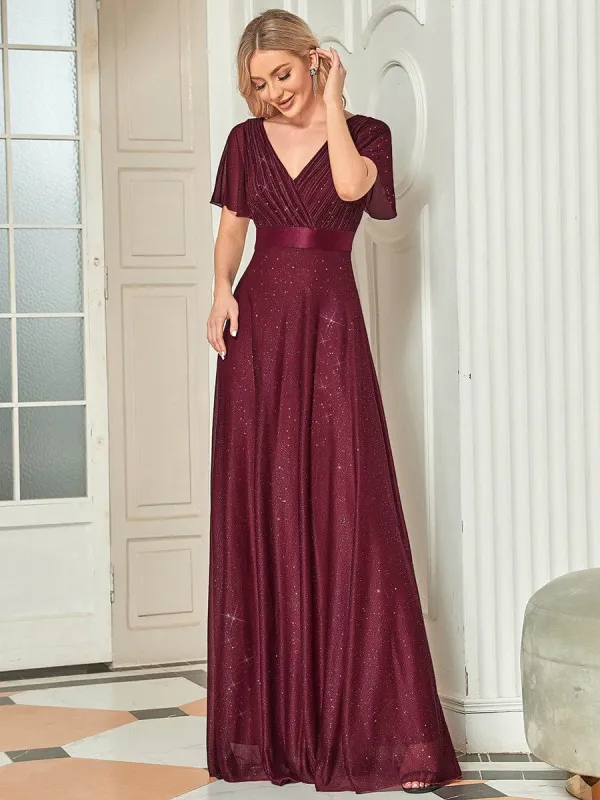 ever LIORÉ|Glitter Short Sleeve V-Neck  A-Line Wedding Guest Dress sold by Ever Pretty