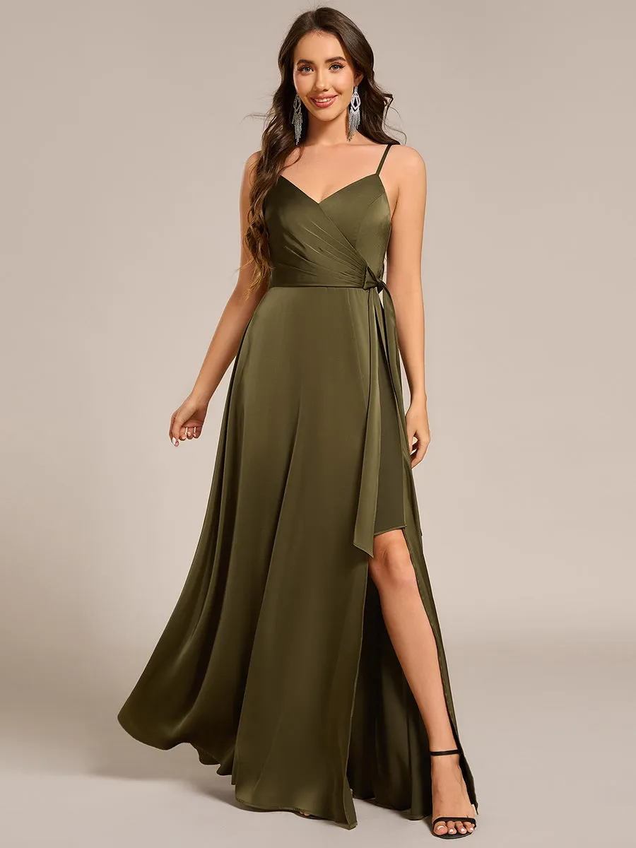 ever IYLA|Wrap-Style Spaghetti Strap Maxi Satin Bridesmaid Dress sold by Ever Pretty