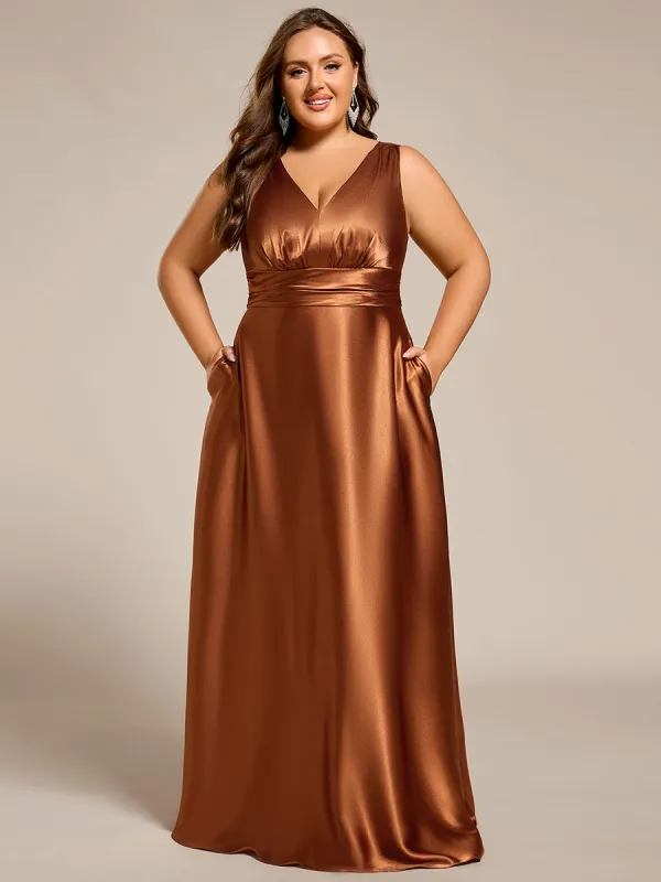 pretty INDY|Plus Size Satin Empire Waist Maxi Bridesmaid Dress with Pockets sold by Ever Pretty