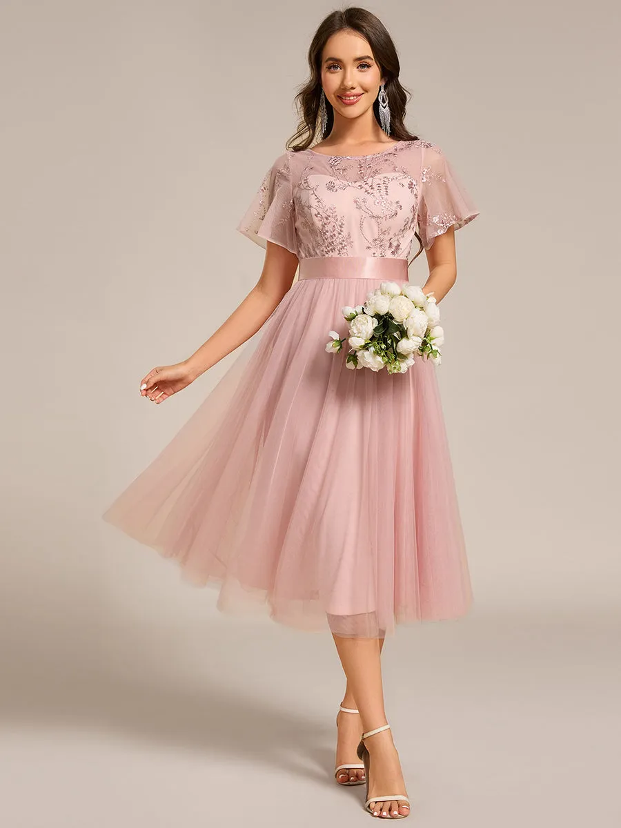 ever MARA|Embellished Tulle Midi Junior Bridesmaid Dress with Sheer Sleeves sold by Ever Pretty