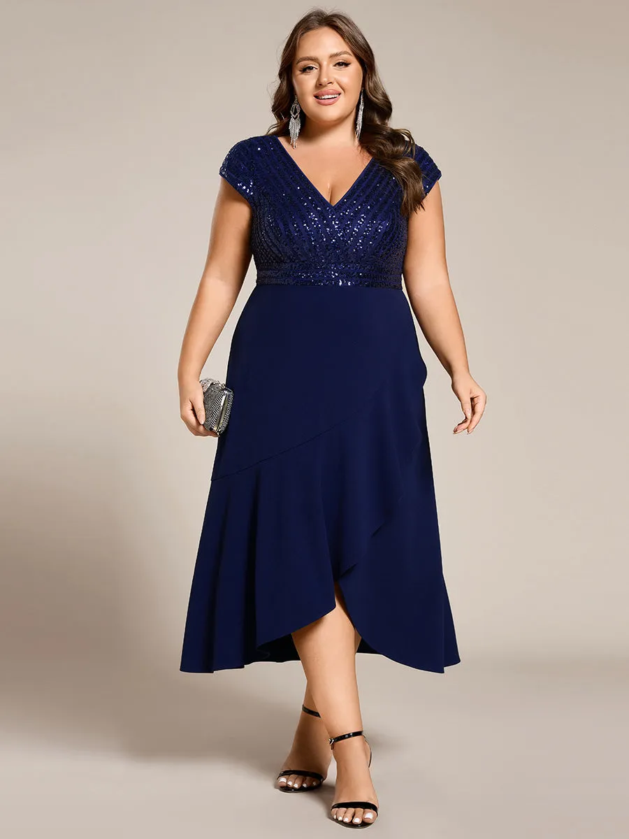 pretty BAYLOR|Plus Size Sequin Bodice V-Neck Midi Formal Dress sold by Ever Pretty