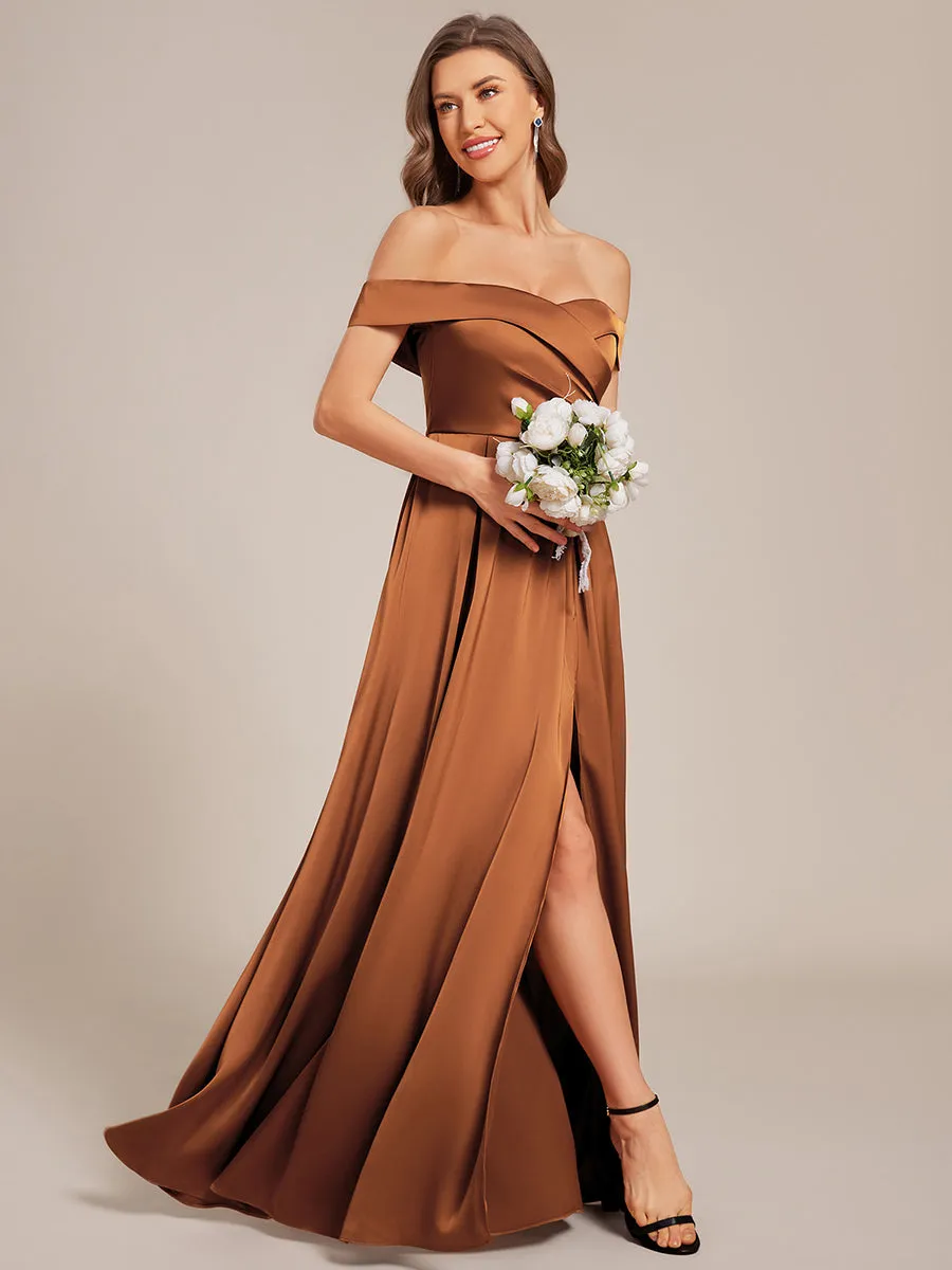 ever SKYE|Off Shoulder Lace-Up High Slit Satin Bridesmaid Dress sold by Ever Pretty