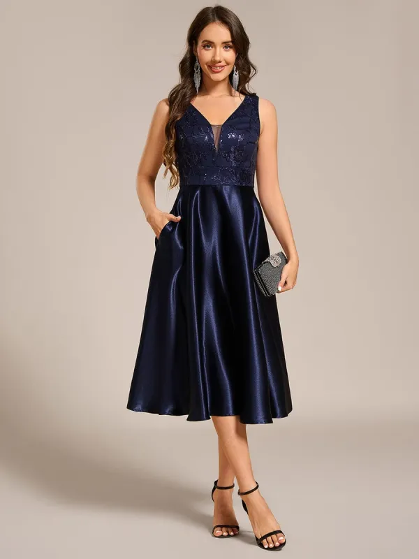 ever DELYN|Sleeveles A-Line Midi Satin Wedding Guest Dress with Pockets sold by Ever Pretty