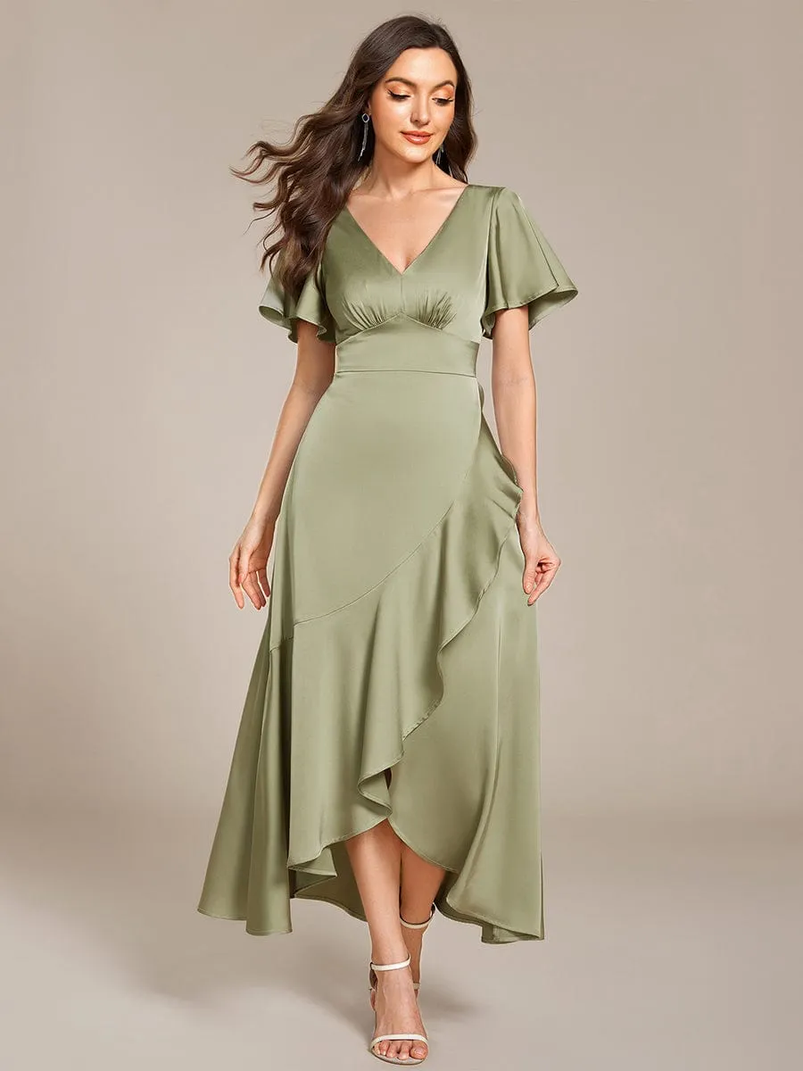 ever WYNTER|Short Sleeve Ruffled Satin Midi Wedding Guest Dress sold by Ever Pretty