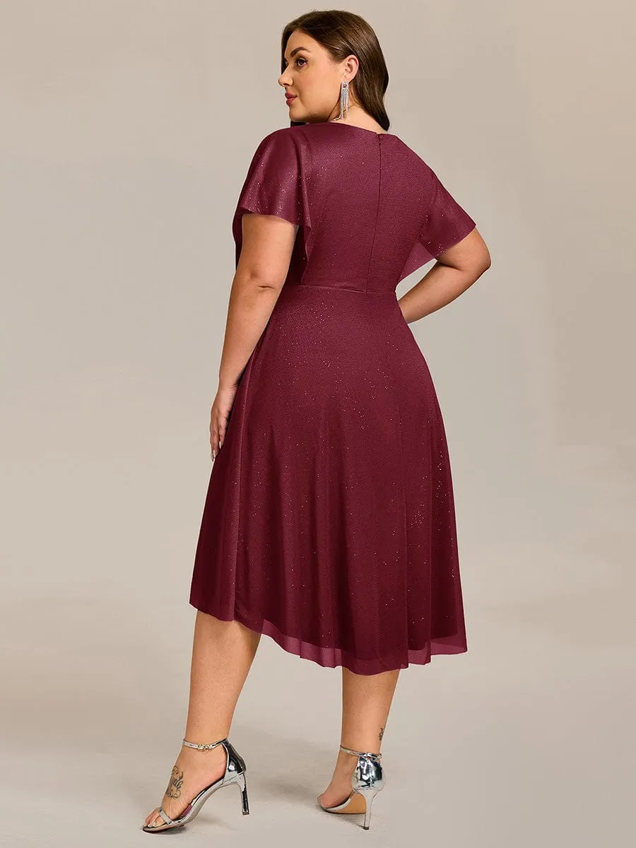 pretty SOL|Plus Size Glitter Short Sleeve V-Neck Pleated Midi Wedding Guest Dress sold by Ever Pretty product image thumbnail 2