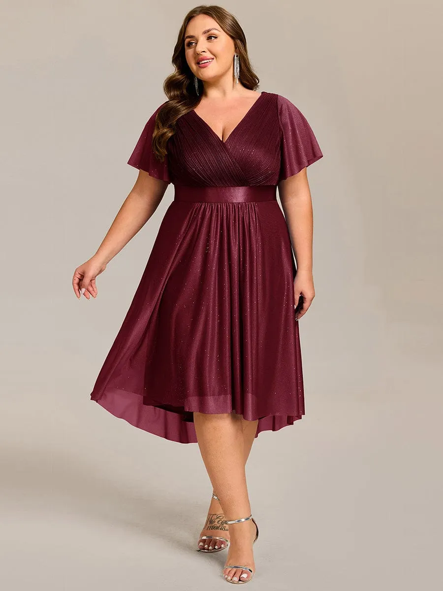 pretty SOL|Plus Size Glitter Short Sleeve V-Neck Pleated Midi Wedding Guest Dress sold by Ever Pretty