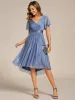 ever SOL|Short Sleeve V-Neck Pleated Glitter Midi Wedding Guest Dress sold by Ever Pretty